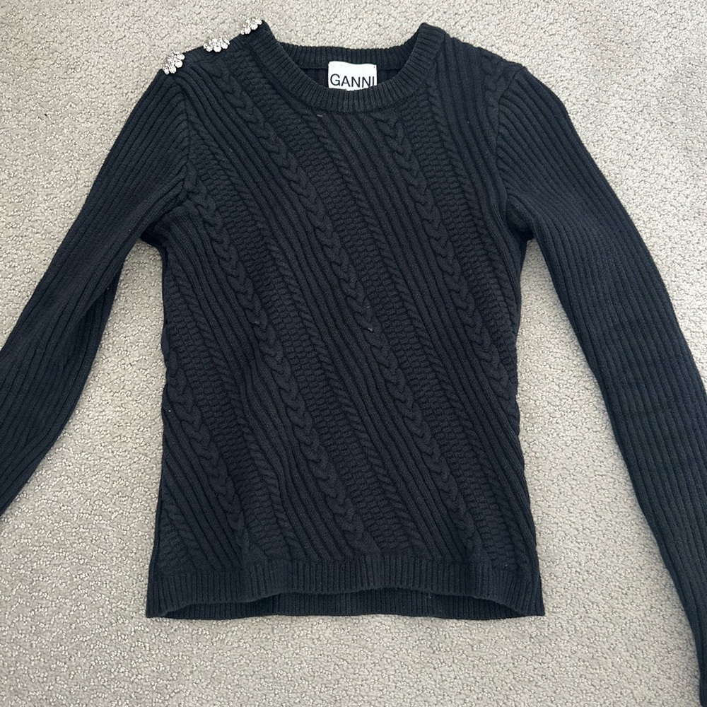 Ganni Black Cable Knit Sweater with Embellished Shoulder